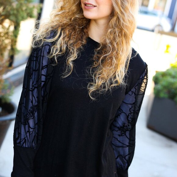 New Black Floral Mesh Bubble Sleeve Top - 1X, 2, & 3X - Picture 4 of 8